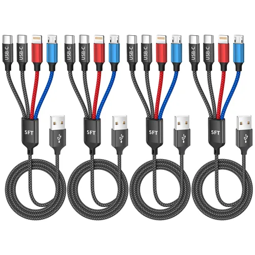 Vista 10 de Cable de carga USB C a 4 en 1 con doble puerto tipo C de 5 pies, cable de carga múltiple para múltiples dispositivos, cables USB con puerto