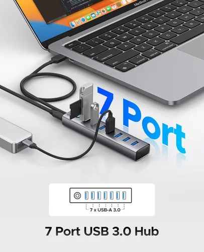 Vista 2 de ORICO Hub USB 3.0 de 7 puertos, adaptador múltiple USB de aluminio, extensor USB de 5 Gbps con cable de 1.64 pies, cable largo UBS-A Hub