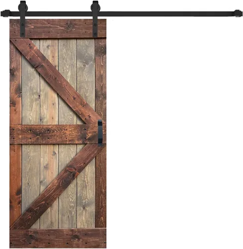 Vista 2 de Serie K - Puerta corrediza de granero de madera maciza con acabado marrón/nogal de 38 x 84 pulgadas con kit de herrajes (requiere montaje)