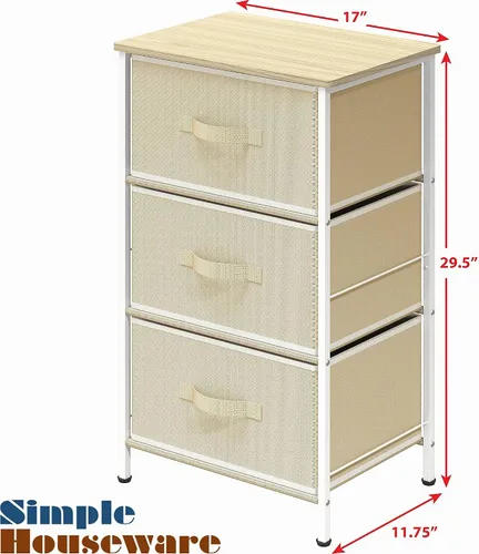 Vista 3 de Simple Houseware Cómoda mesita de noche de 3 cajones con superficie de madera, beige
