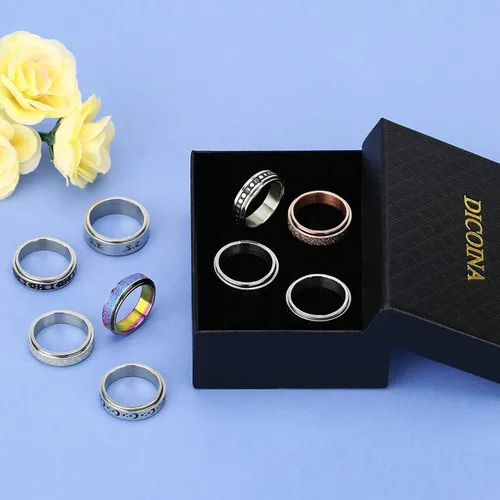 Vista 6 de DICOINA 9Pcs Stainless Steel Fidget Rings for Women Men Spinner Anxiety Rings Moon Star Matching Rings Wedding Promise Band Rings Size5-10