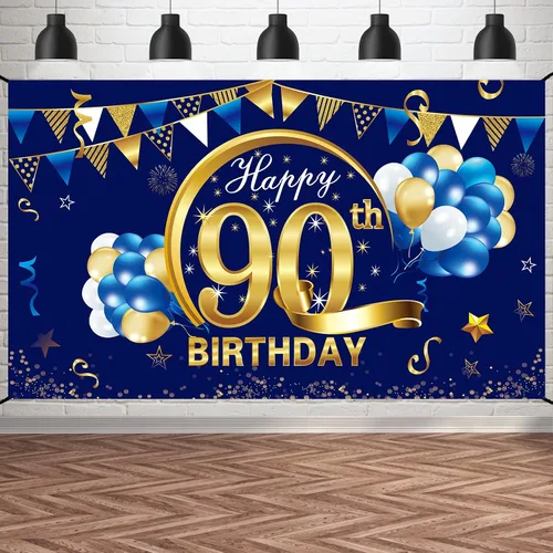Vista 11 de Cartel de cumpleaños número 15 azul dorado para niños, suministros de fiesta de telón de fondo, letrero de fondo para fotos de cumpleaños de 15 años