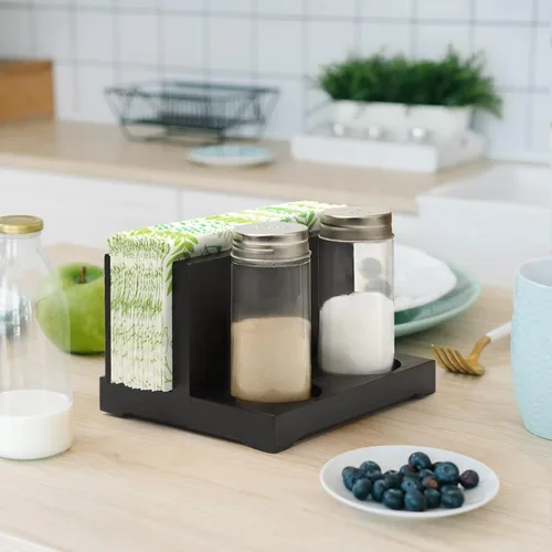 Vista 7 de AKKO Servilletero rústico con salero y pimentero, servilletero de madera para mesa con 2 botellas de especias, perfecto para mesa de comedor