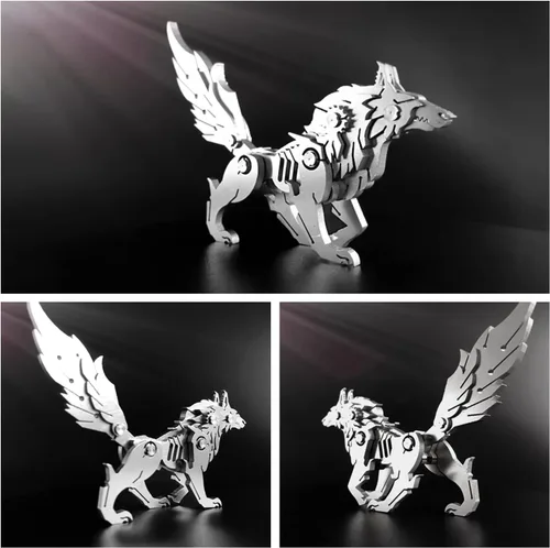 Vista 4 de Kits de modelo de metal 3D, rompecabezas de metal 3D de lobo mecánico, serie de animales de acero DIY, rompecabezas simples 3D, decoración