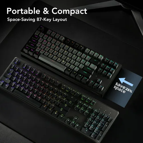 Vista 4 de TECWARE Phantom+ Elite Teclado mecánico RGB de 87 teclas para juegos 3 modos Bluetooth inalámbrico 5.0, 2.4 GHz y USB-C con cable 5 pines