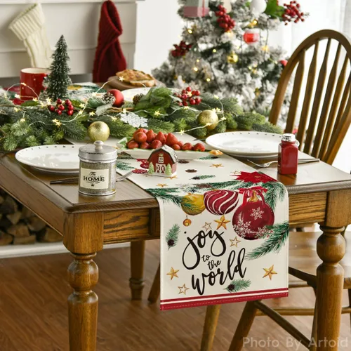 Vista 2 de Artoid Mode Bolas de Navidad con diseño de bolas de Navidad, Pino y Poinsettia, Camino de mesa de Navidad, decoración de mesa de comedor