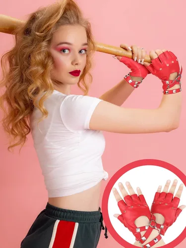 Vista 3 de Eurzom Juego de 2 guantes de piel sintética sin dedos con diseño de corazón, incluye guantes rojos sin dedos, collar punk rojo y negro para mujer