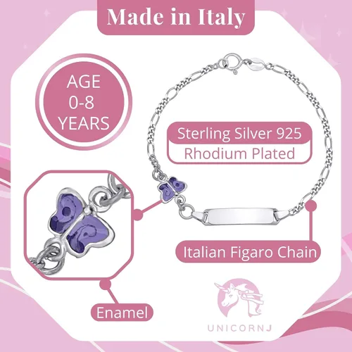 Vista 3 de UNICORNJ Pulsera de plata de ley 925 Italia con nombre para niños o bebés pulseras de identificación grabadas personalizadas para niños cadena