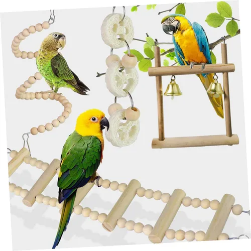 Vista 5 de Parrot Ladder Perch Wooden Bird Cage Swing Set, 8 Pieces