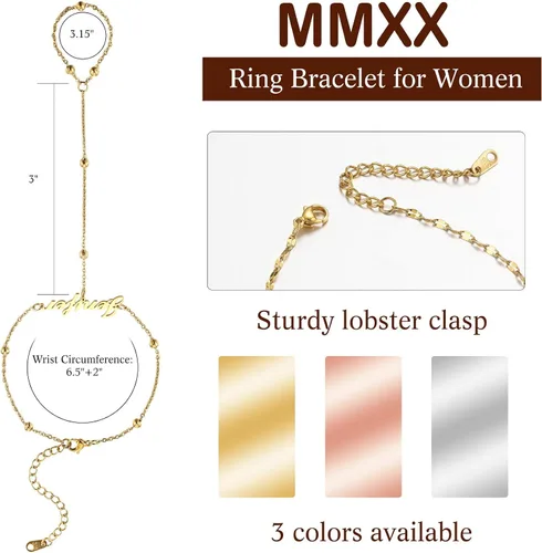 Vista 3 de MMXX Pulseras de cadena de mano con nombre personalizado para mujer, pulsera de anillo de dedo de oro delicada pulsera de moda bohemia cadena