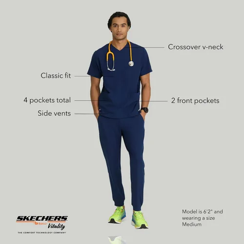 Vista 5 de Skechers Vitality by BARCO Crew - Camiseta médica con cuello en V cruzado, camiseta médica de tela sostenible para hombre