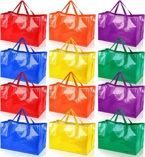 Vista 11 de Shappy 6 Piezas Bolsas de Compra Extragrandes Reutilizables con Asas, Bolsas de Comestibles Tejidas Coloridas de Plástico Impermeable