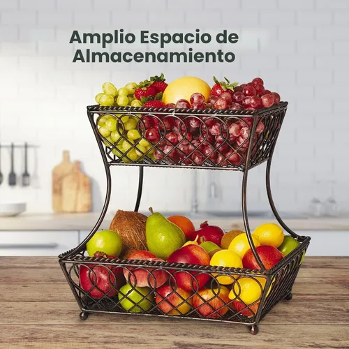 Vista 4 de [Usado] Gourmet Basics by Mikasa Cesta de frutas para encimera de 2 niveles, con bucle y celosía, almacenamiento redondo de metal para cocina o mesa