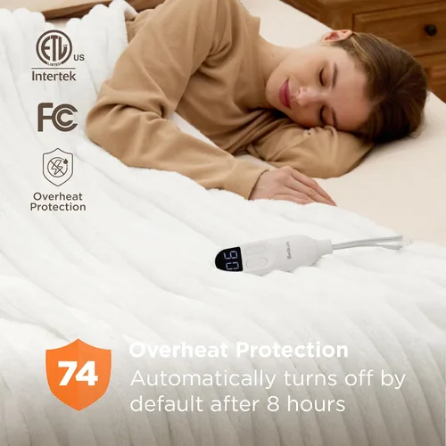 Vista 4 de Bedsure Manta eléctrica tamaño matrimonial – Manta térmica de franela gruesa a rayas con 6 ajustes de calor, 10 ajustes de tiempo, temporizador de 8