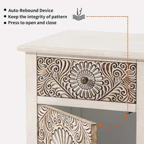 Vista 7 de HOMPUS - Mesa de noche blanca con cajón y almacenamiento, mesa de noche con motivo floral completamente ensamblada para espacios pequeños, mesa