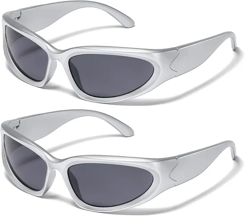 Vista 15 de JASPIN Y2K Gafas de Sol Envolventes para Mujeres y Hombres, Plata, Ovaladas, de Moda, Deportivas, con Protección UV A1/Negro+plateado+gris