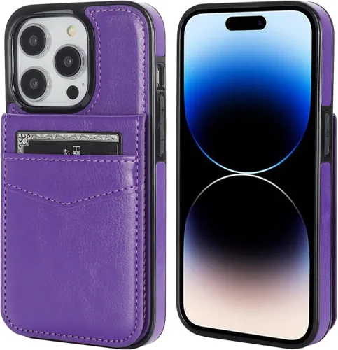 Vista 3 de KIHUWEY Funda Cartera compatible con iPhone 14 Pro con soporte para tarjeta de crédito, tapa de cuero premium con cierre magnético, función atril