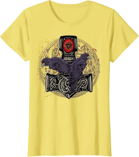 Vista 35 de Thors Hammer Mjolnir Huginn and Muninn Odin Raven - Camiseta, Negro, S