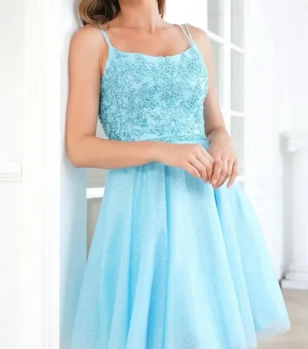 Vista 5 de Vestidos cortos de tul para adolescentes tirantes delgados vestido de graduación mini vestido de cóctel brillante