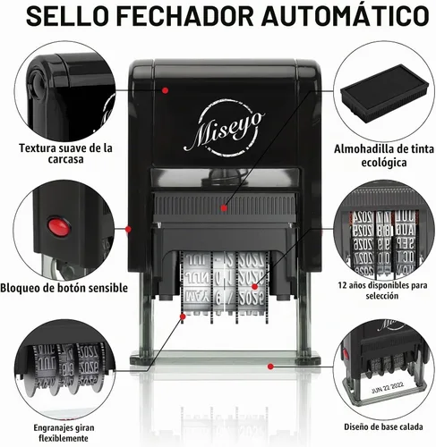 Vista 2 de Miseyo Sello de fecha autoentintado - Negro (2 almohadillas de tinta de repuesto negras incluidas)
