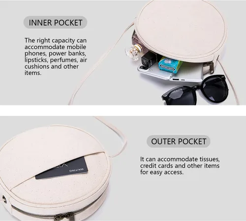 Vista 4 de Bolso cruzado circular para mujer, bolso circular de nailon con cremallera, correas de hombro ajustables con nudo