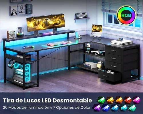 Vista 4 de AODK - Escritorio en forma de L de 61" con cajón, escritorio para computadora con tomas de corriente y luces LED, escritorio de esquina reversible