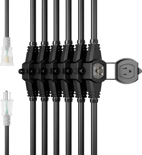 Vista 3 de Cable de Extensión de Corriente de 25 Pies con 3 Clavijas, Cable SJTW Calibre 12 5-15R de Enchufe Macho a Conector Hembra, 7 Tomacorrientes