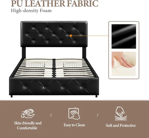Vista 5 de Yaheetech Base de cama tapizada con 4 cajones de almacenamiento y cabecera ajustable, plataforma de piel sintética con base de colchón, fuerte