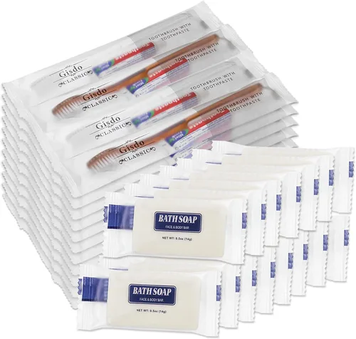 Vista 5 de Paquete de 100 kits de aseo básicos, cepillos de dientes desechables con pasta de dientes, jabón Individually Wrapped, Travel Personal Hygiene Kit