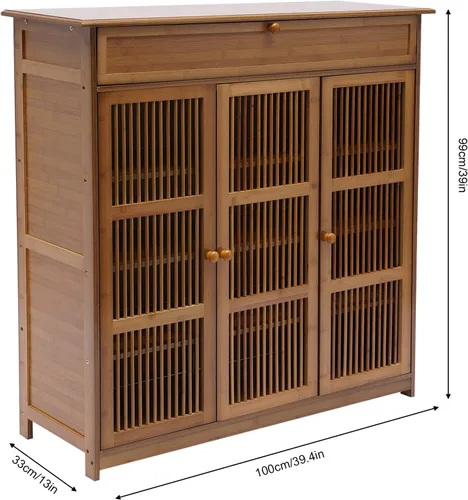 Vista 3 de Gabinete de almacenamiento de zapatos de bambú de 3 niveles, organizador de zapatos con 1 cajón y puerta de persiana, estante para zapatos para 25