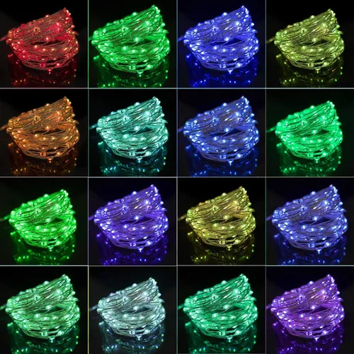 Vista 2 de Twinkle Star - Tira de luces de hadas con cambio de color de 33 pies, 100 luces LED impermeables y con cable plateado, 16 colores, luces USB