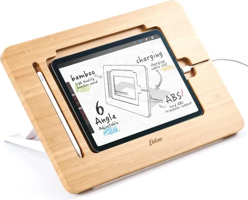 Vista 8 de Soporte ajustable para tablet con ranura para lápiz y cable de cargador, soporte de madera de bambú con múltiples ángulos, organizador de escritorio