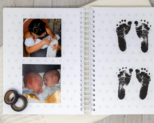 Vista 5 de Personalized Twin Baby Memory Book - Hardcover First Year Album Customized with Babies’ Names - Prompted Baby Journal (Blue Mountains)