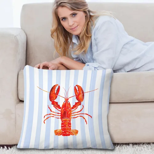 Vista 5 de Fundas de almohada costeras de langosta, fundas de almohada náuticas de langosta roja de Nueva Inglaterra con rayas azules y blancas para casa