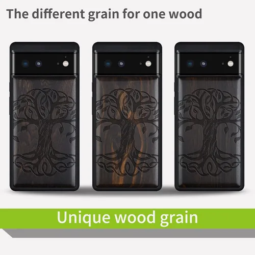 Vista 7 de Carveit Funda de madera para Pixel 6 [madera real dura y TPU suave] a prueba de golpes, funda protectora híbrida única y elegante de madera