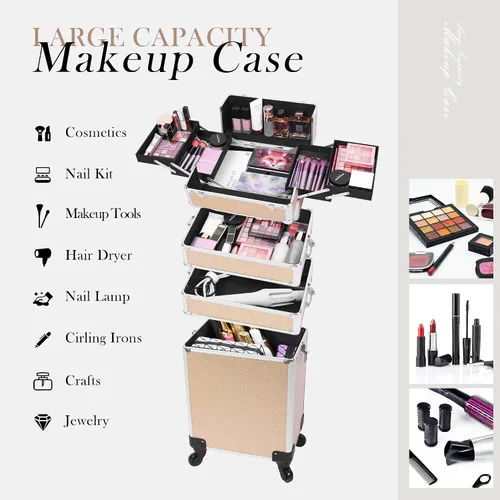 Vista 4 de Estuche de maquillaje profesional con ruedas, estuche de tren de maquillaje 5 en 1, carrito de maquillaje cosmético, estuche de cosmetología