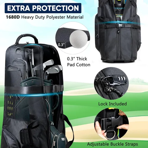 Vista 3 de Bolsa de viaje de golf con ruedas - Funda de golf Oxford resistente aprobada por aerolíneas para clubes, carrito y bolsa de soporte, cubierta