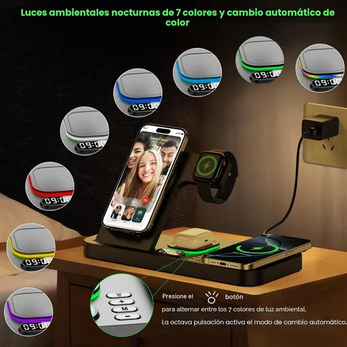 Vista 4 de Estación de carga inalámbrica de teléfono doble para dispositivos Apple, estación de carga magnética para iPhone con interruptor automático de luz