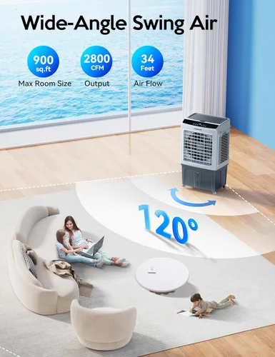 Vista 2 de VAGKRI Enfriador de aire evaporativo de 35 pulgadas, enfriador de pantano de 2800 CFM, enfriador de aire de oscilación de 120° con control remoto