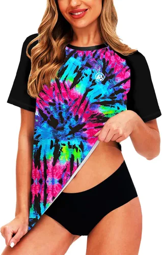 Vista 6 de AOBUTE Women Short Sleeve Rash Guard Gradient Sun Protection Swim Shirts