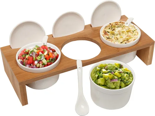 Vista 10 de MyGift Juego de Servir de Condimentos de 10 Piezas Incluye Bandeja de Presentación Elevada de Madera Sólida de Acacia Premium y 3 Cuencos