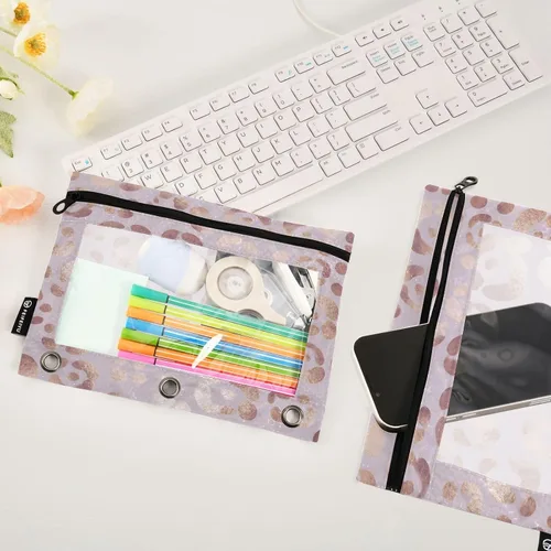 Vista 4 de Estuche para lápices con estampado de leopardo, guepardo, oro rosa, para carpeta de 3 anillas, 2 bolsas para lápices con cremallera, estuche