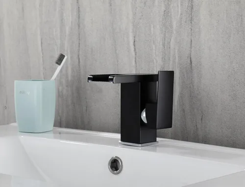Vista 5 de Grifo de baño con luz LED RGB, boquilla de cascada, color negro, 3 colores cambiantes, mango de un agujero, conjunto de drenaje a juego