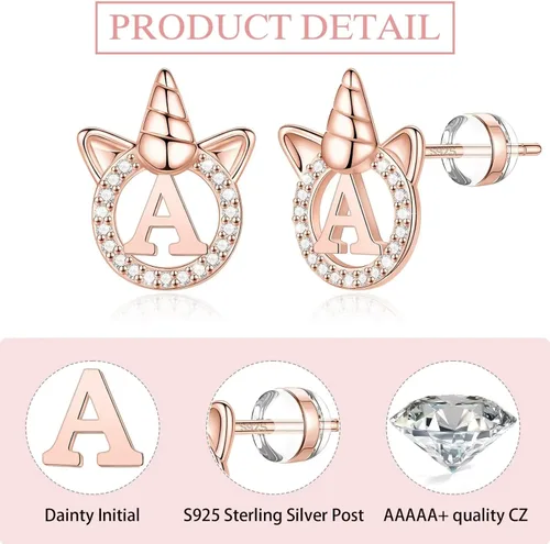 Vista 6 de Regalos para el día de San Valentín para niños y niñas, aretes de plata de ley S925, chapados en orooro rosa, aretes de unicornio con circonita