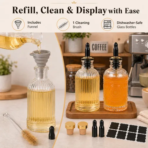 Vista 7 de ChezMax Botellas dispensadoras de jarabe de café, recipientes de vidrio de 7 onzas con boquilla de vertido de metal, accesorios de barra de café