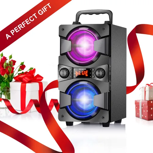 Vista 2 de Altavoces Bluetooth de 60 W, altavoz inalámbrico portátil con subwoofer doble, graves pesados, radio FM, micrófono, luces, ecualizador remoto, caja