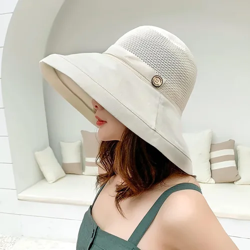 Vista 3 de Sombreros de malla de verano para mujeres con protección UV de ala ancha plegables para playa tipo bucket Beige