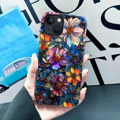 Vista 6 de Funda compatible con iPhone 13, compatible con MagSafe, funda híbrida de 2 capas con prevención de caídas brillante para niñas y niños, arte floral