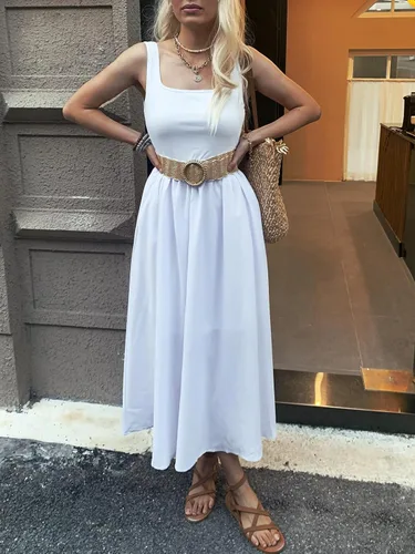 Vista 2 de MIEAZOM Vestido largo de verano para mujer, sin mangas, con vuelo, casual, holgado, con bolsillos