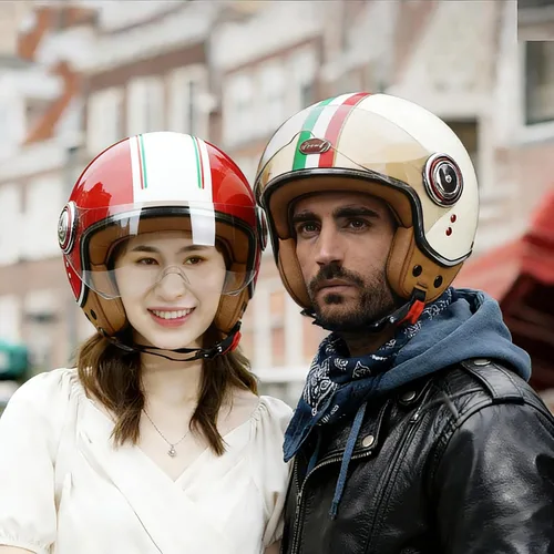 Vista 5 de Casco de motocicleta aprobado por el DOT, casco retro 3/4 de cara abierta con visera, casco vintage para scooter para mujeres y hombres adultos